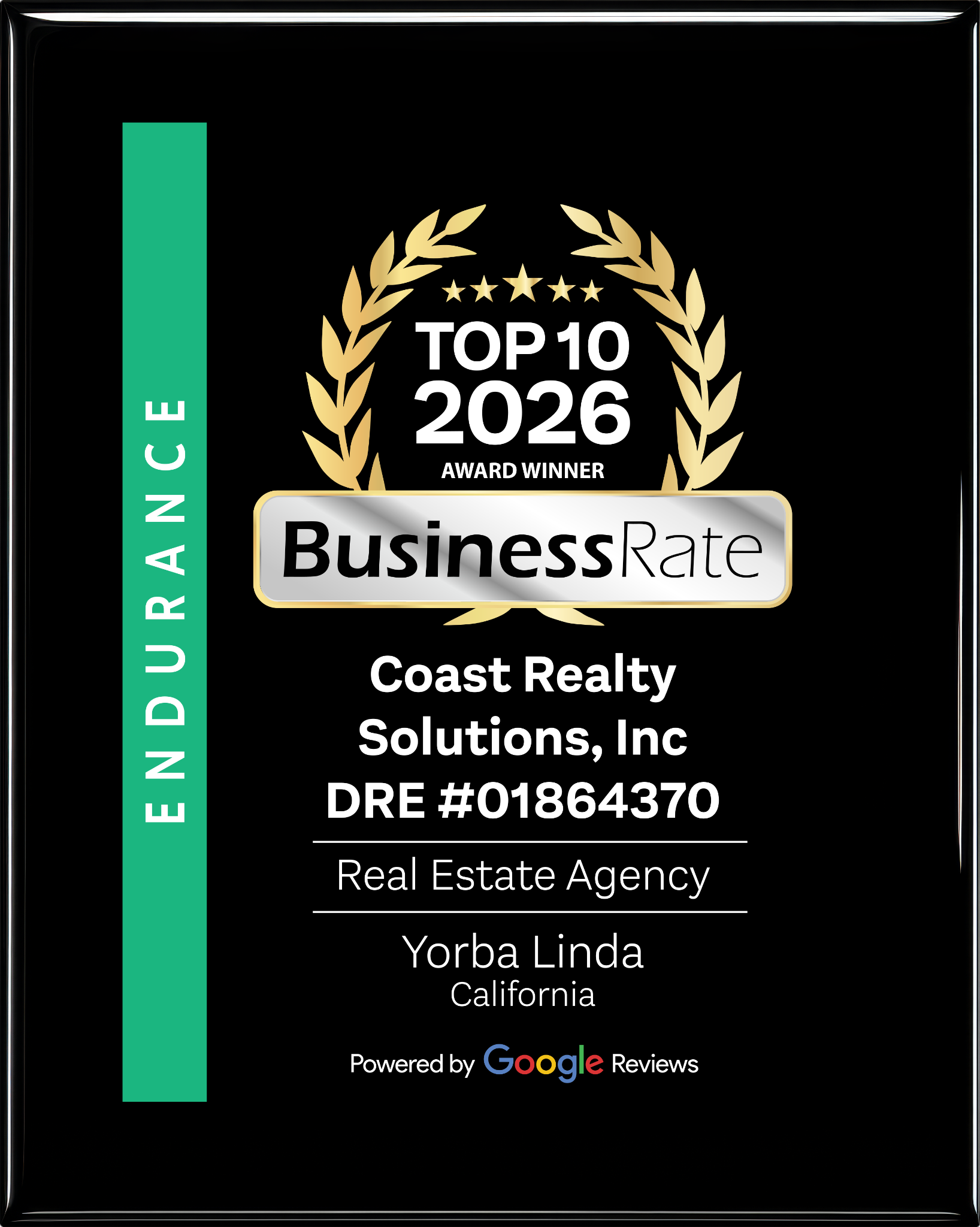 BusinessRate Top 10 2026 Award Winner plaque for Coast Realty Solutions